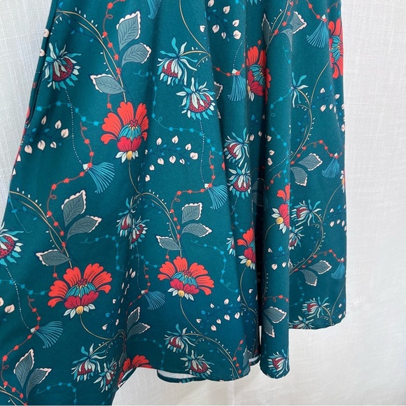 Unique Vintage Teal & Red Floral Chain Print Retro Swing Dress Size M - Picture 6 of 16